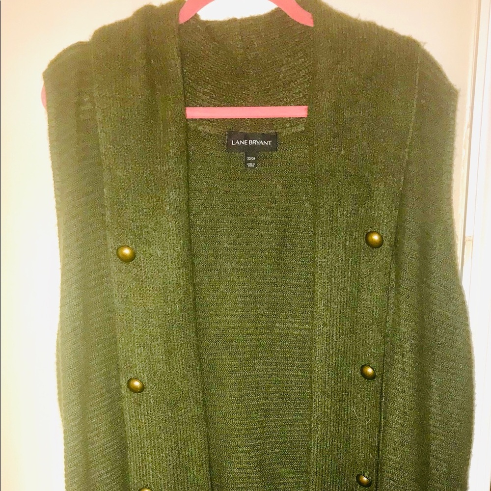 Olive green long vest with bronze button detail